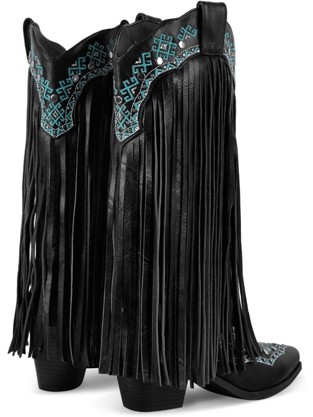 Women's Black Fringe Mid Calf Boots with Rivets Embroidered - Picture 6 of 6